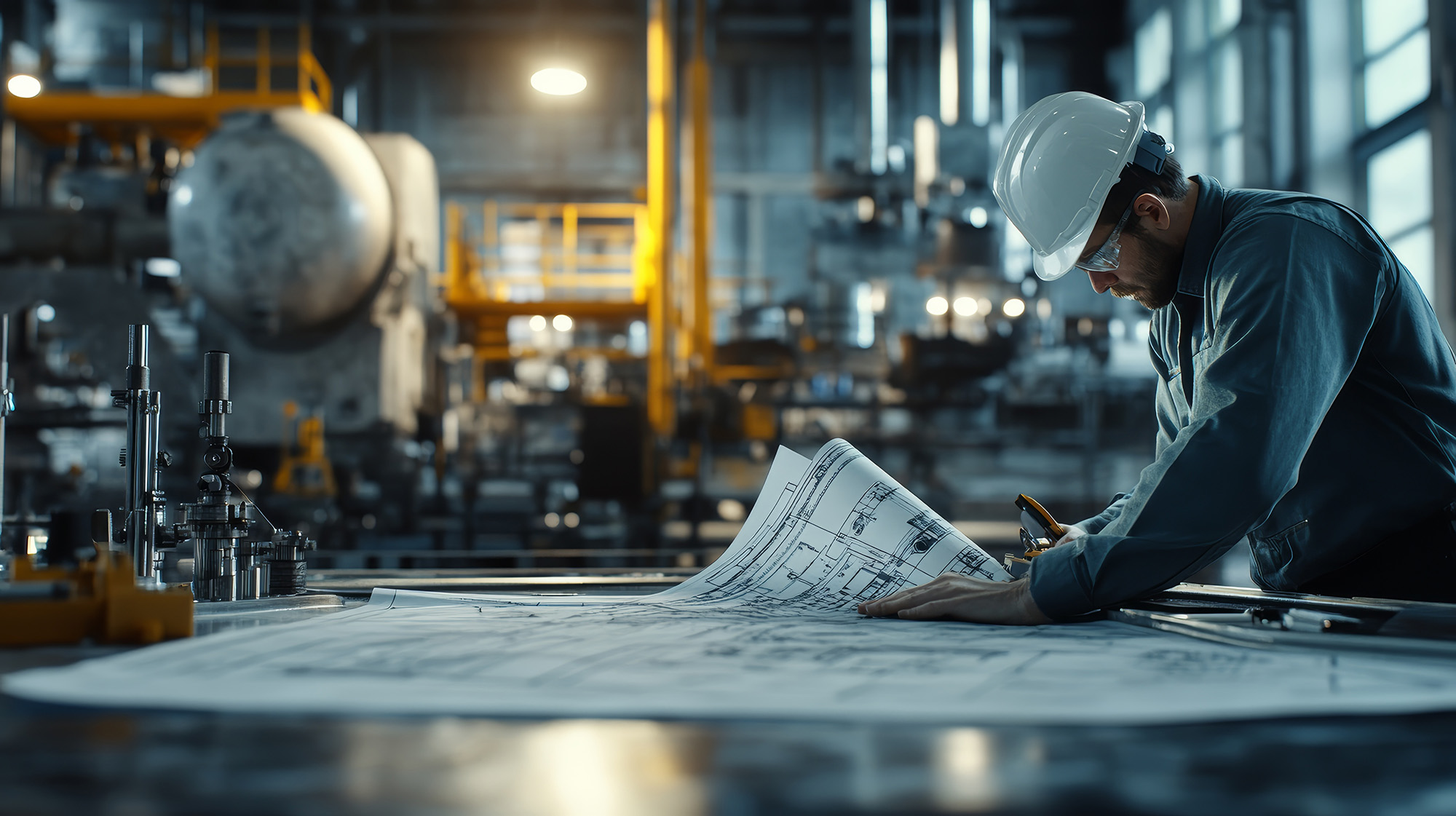 Engineer working on plans in a factory
